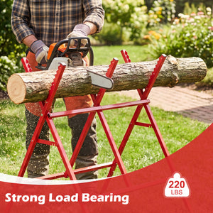 Folding Log Saw Horse with Anti-Slip Sawteeth and Non-Slip Foot Pads Heavy Duty-Red