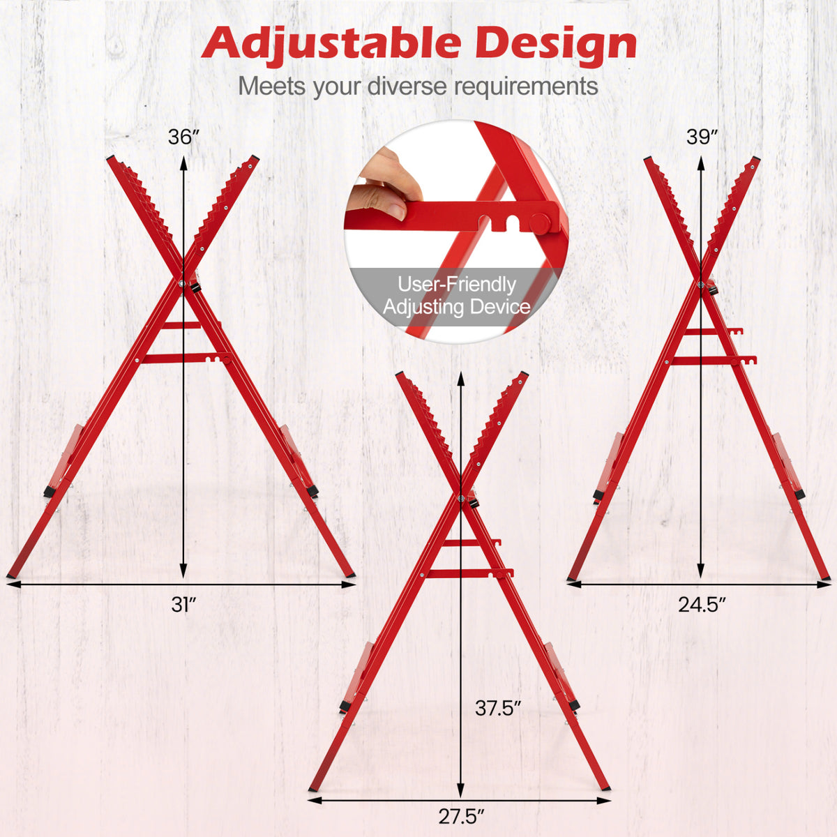 Folding Log Saw Horse with Anti-Slip Sawteeth and Non-Slip Foot Pads Heavy Duty-Red