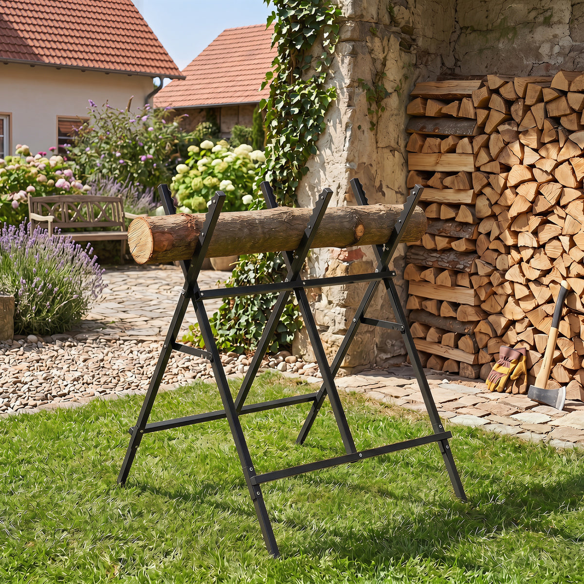 Folding Log Saw Horse with Anti-Slip Sawteeth and Non-Slip Foot Pads Heavy Duty-Black