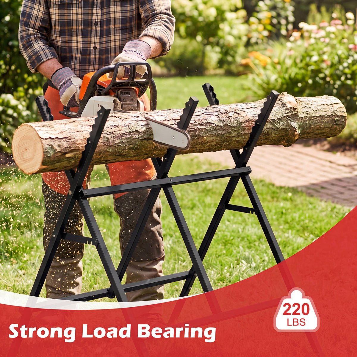 Folding Log Saw Horse with Anti-Slip Sawteeth and Non-Slip Foot Pads Heavy Duty-Black