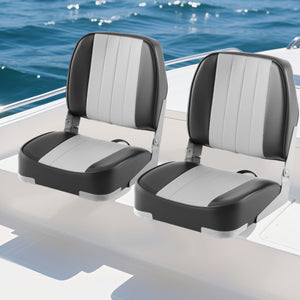 2-Pack Boat Seats Folding Low Back Boat Chairs Waterproof PVC Leather Cabin Seating-Gray