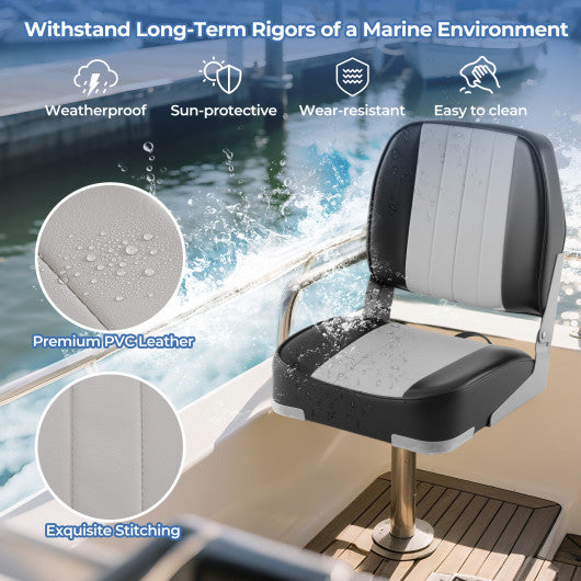 2-Pack Boat Seats Folding Low Back Boat Chairs Waterproof PVC Leather Cabin Seating-Gray