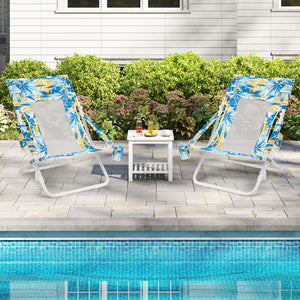 Folding Low Beach Chair Set of 2 Patio Sling Chairs with Padded Head Pillow-Blue