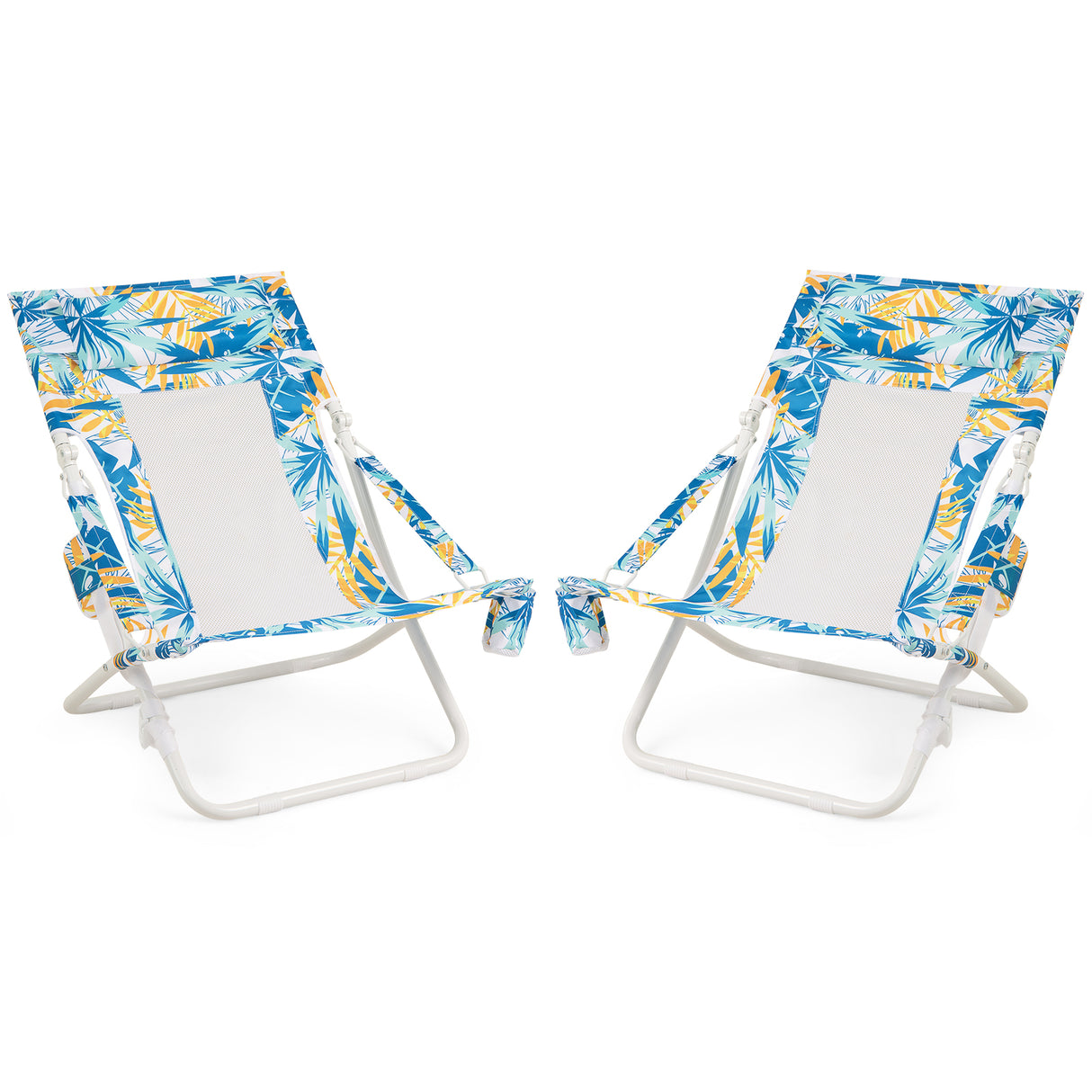 Folding Low Beach Chair Set of 2 Patio Sling Chairs with Padded Head Pillow-Blue