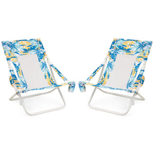 Folding Low Beach Chair Set of 2 Patio Sling Chairs with Padded Head Pillow-Blue