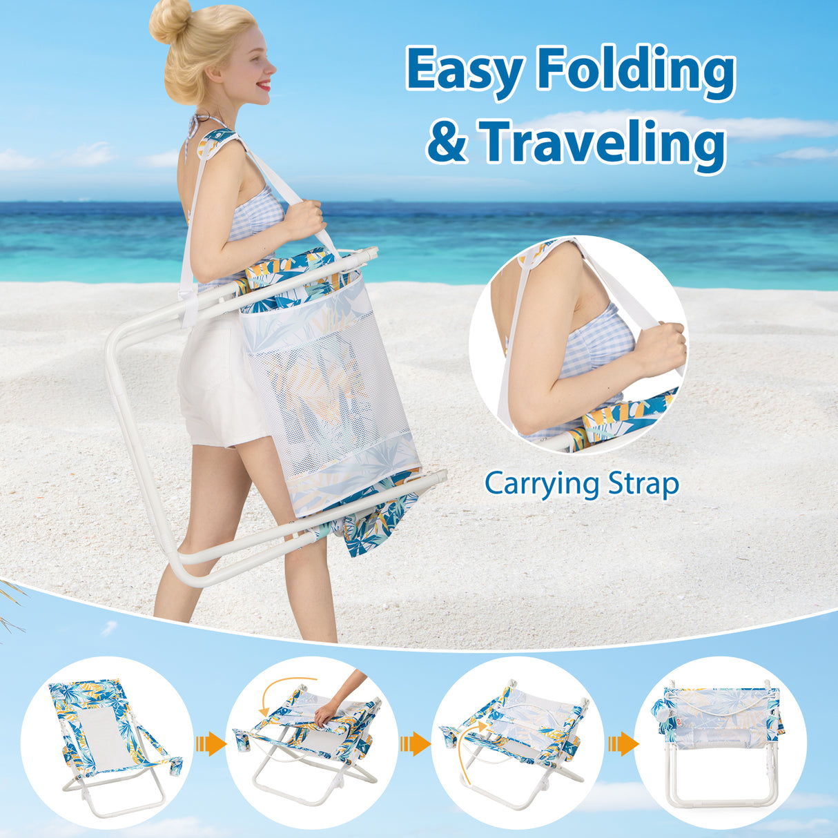 Folding Low Beach Chair Set of 2 Patio Sling Chairs with Padded Head Pillow-Blue