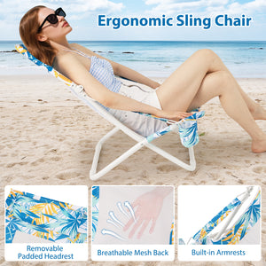 Folding Low Beach Chair Set of 2 Patio Sling Chairs with Padded Head Pillow-Blue