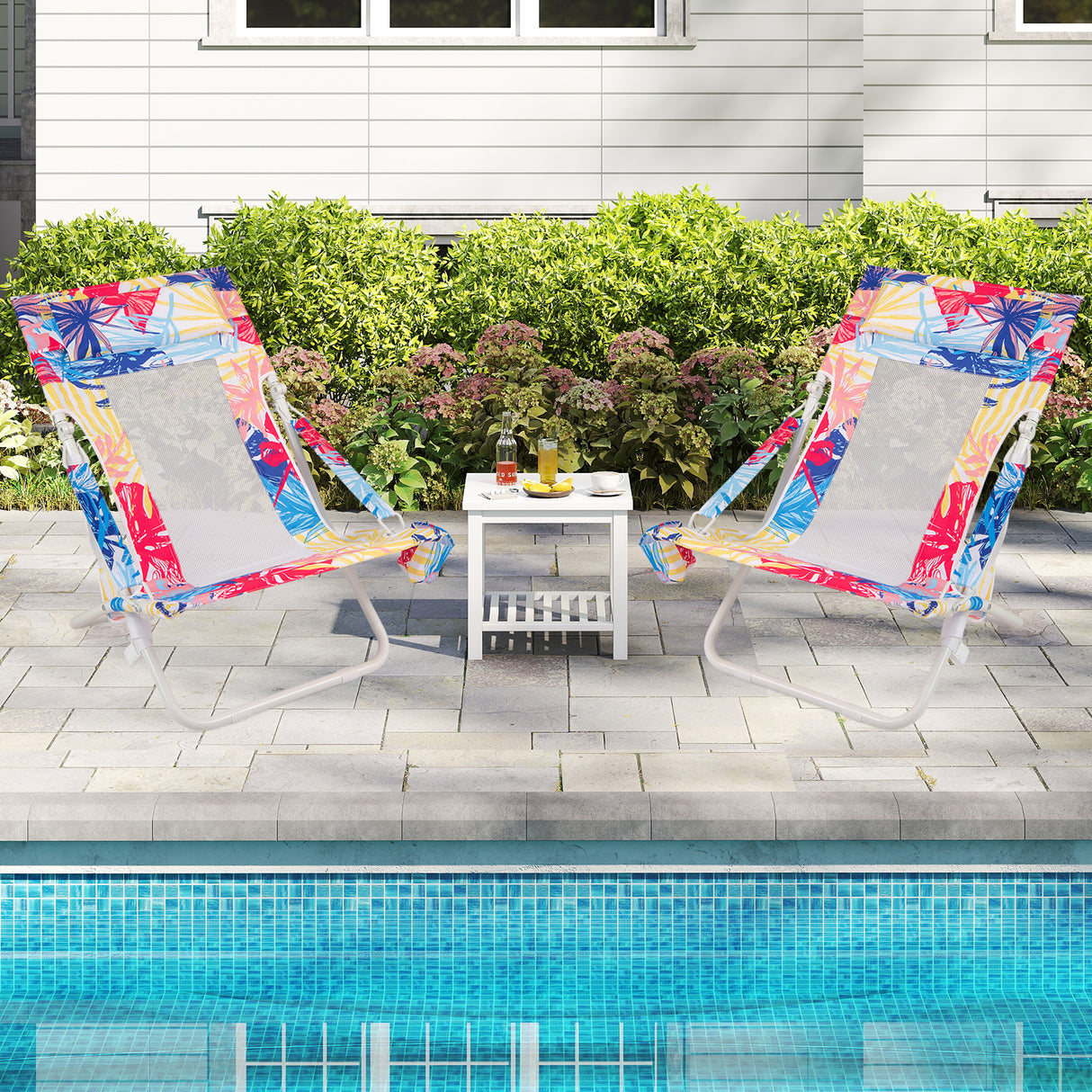 Folding Low Beach Chair Set of 2 Patio Sling Chairs with Padded Head Pillow-Pink
