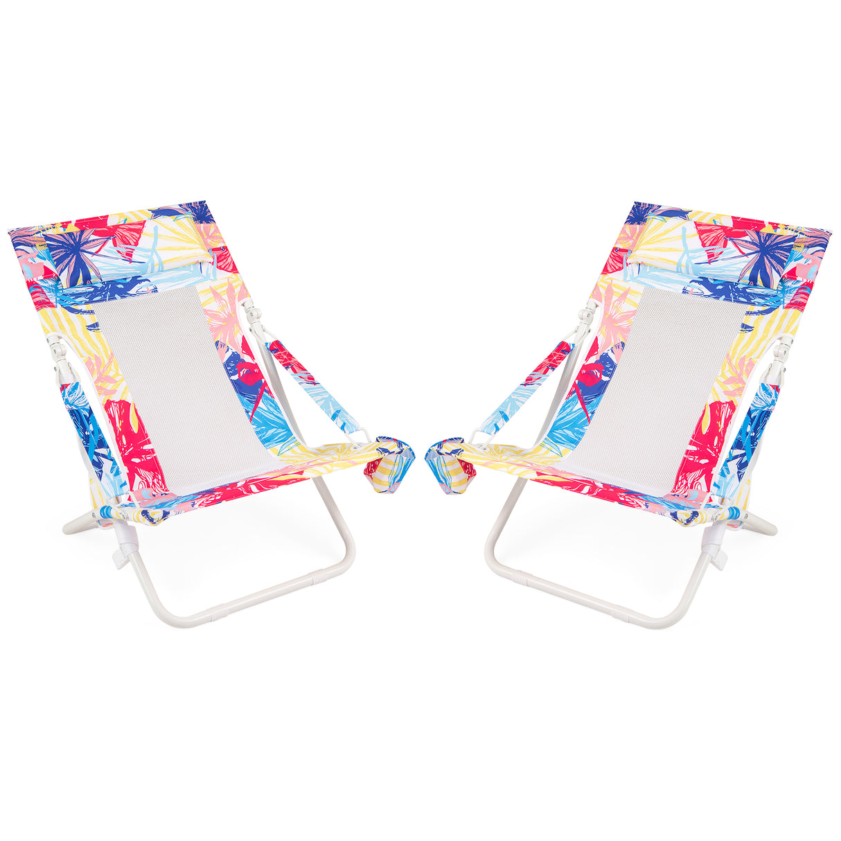 Folding Low Beach Chair Set of 2 Patio Sling Chairs with Padded Head Pillow-Pink