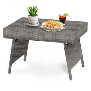 Folding PE Rattan Side Coffee Table Patio Garden Furniture-Gray