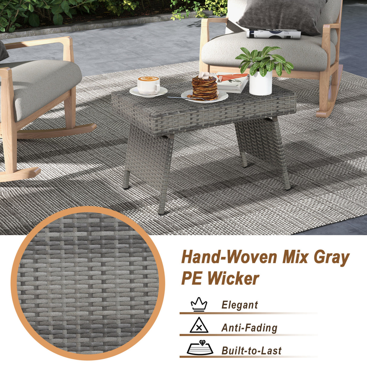 Folding PE Rattan Side Coffee Table Patio Garden Furniture-Gray