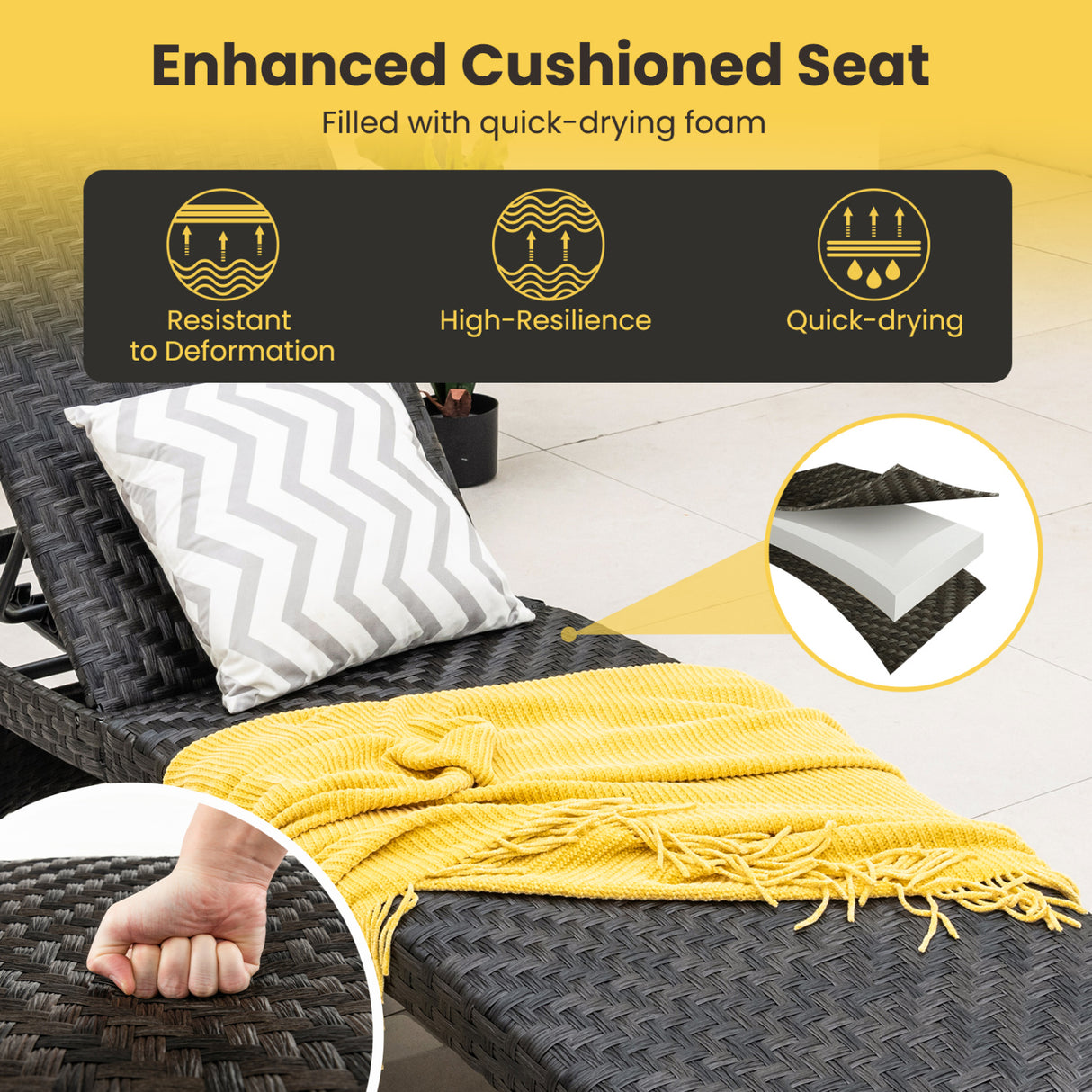 Folding Padded Rattan Patio Chaise Lounge with Adjustable Backrest and Quick Dry Foam