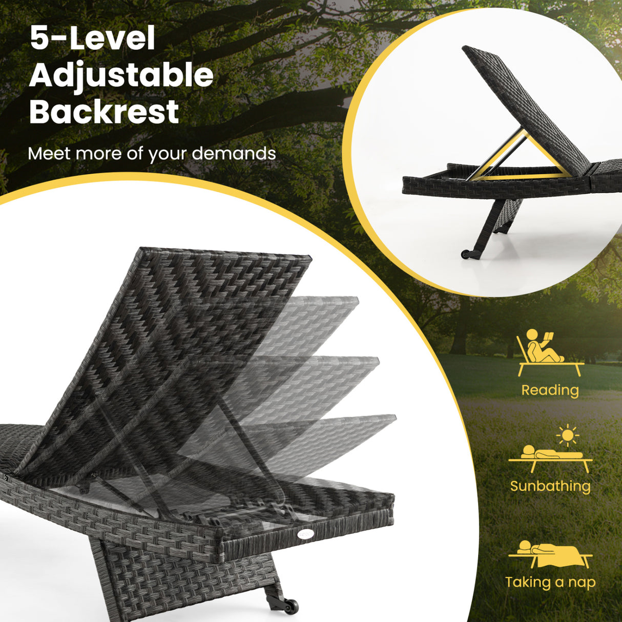 Folding Padded Rattan Patio Chaise Lounge with Adjustable Backrest and Quick Dry Foam