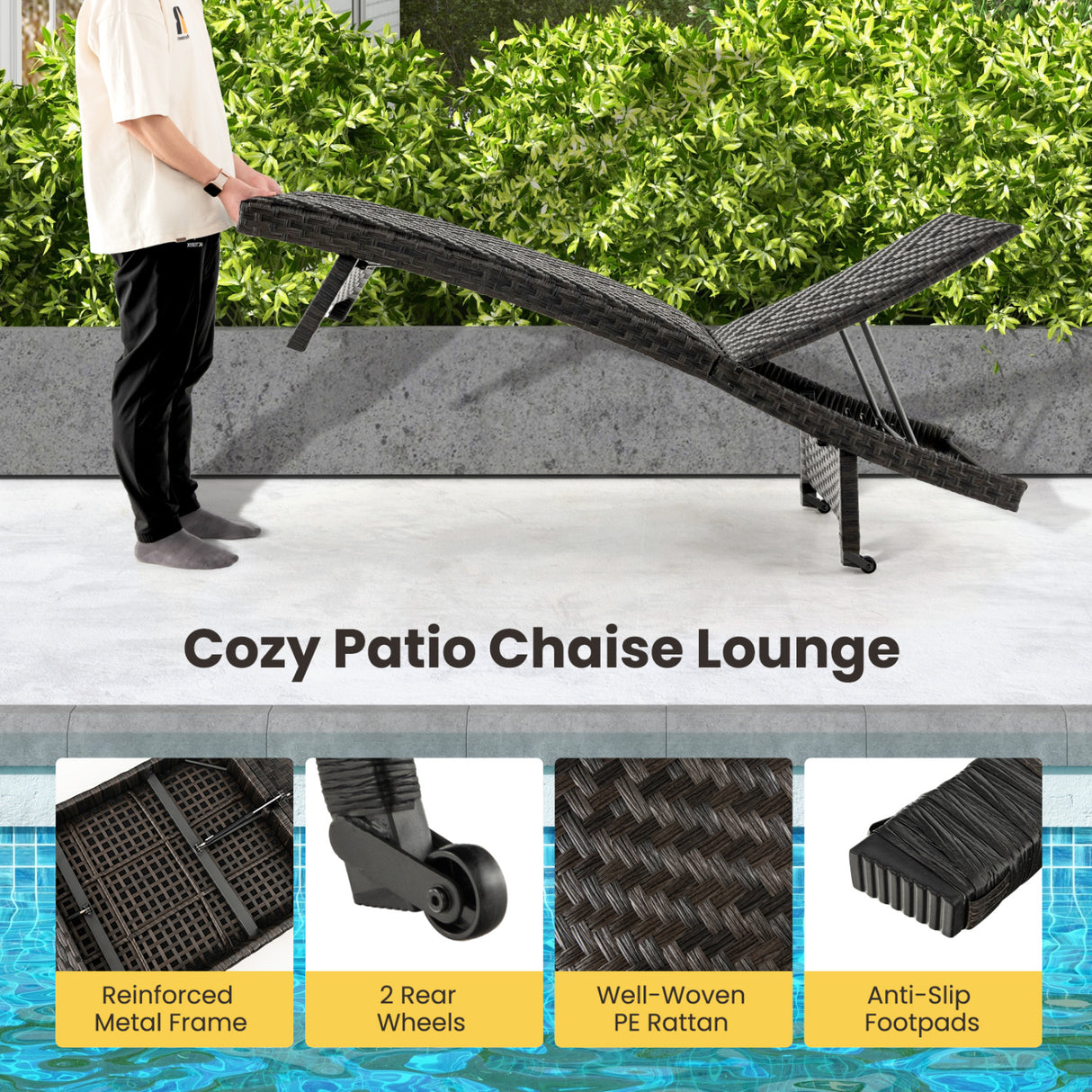 Folding Padded Rattan Patio Chaise Lounge with Adjustable Backrest and Quick Dry Foam