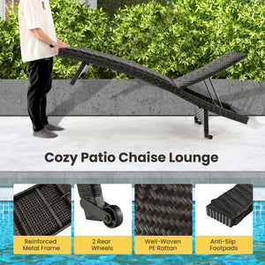 Folding Padded Rattan Patio Chaise Lounge with Adjustable Backrest and Quick Dry Foam
