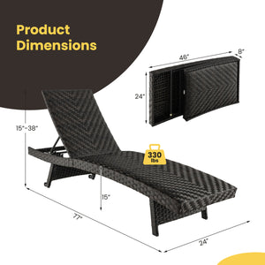 Folding Padded Rattan Patio Chaise Lounge with Adjustable Backrest and Quick Dry Foam
