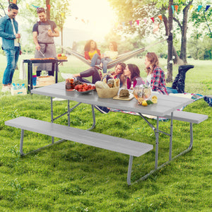 Folding Picnic Table Set with Metal Frame and All-Weather HDPE Tabletop  Umbrella Hole-Gray