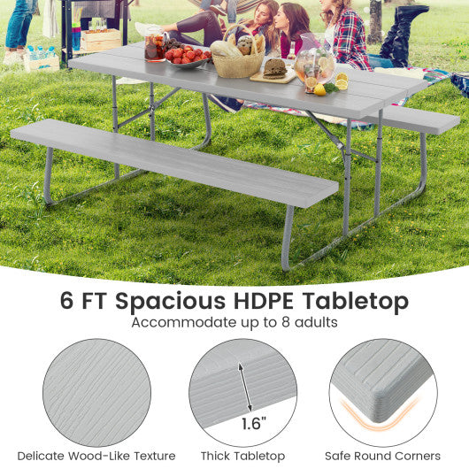 Folding Picnic Table Set with Metal Frame and All-Weather HDPE Tabletop  Umbrella Hole-Gray