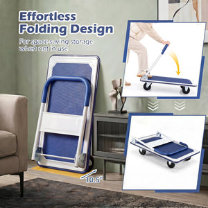 Folding Platform Hand Truck with 4 Wheels & Collapsible Bed for Moving Warehouse-Blue