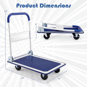 Folding Platform Hand Truck with Collapsible Bed & 4 Wheels for Moving Warehouse-Blue