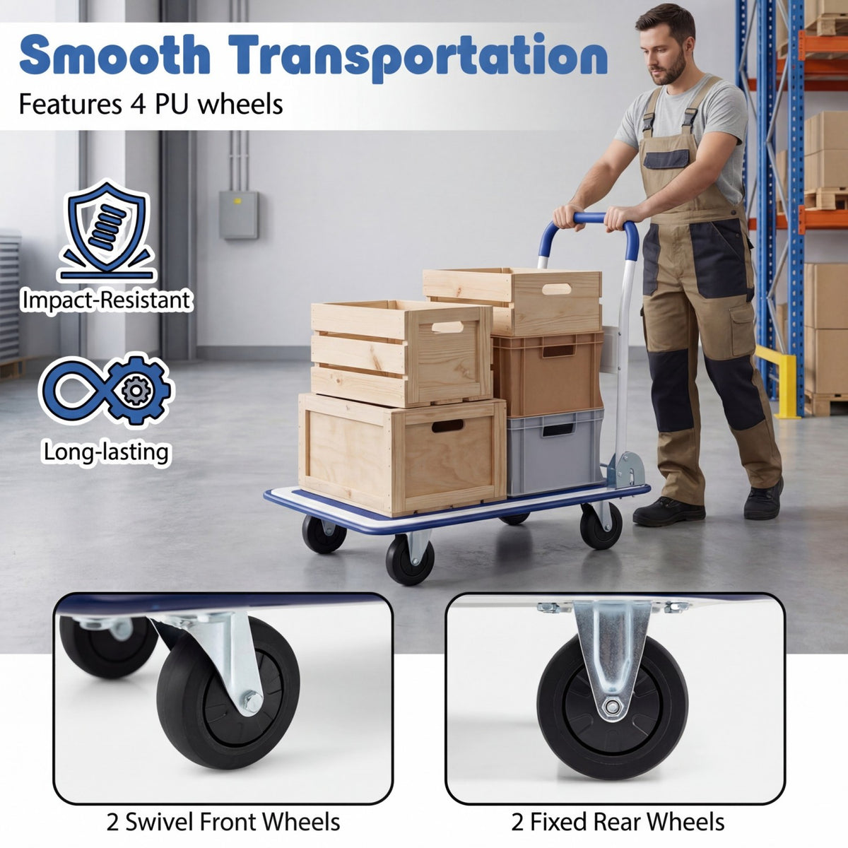 Folding Platform Hand Truck with Collapsible Bed & 4 Wheels for Moving Warehouse-Blue