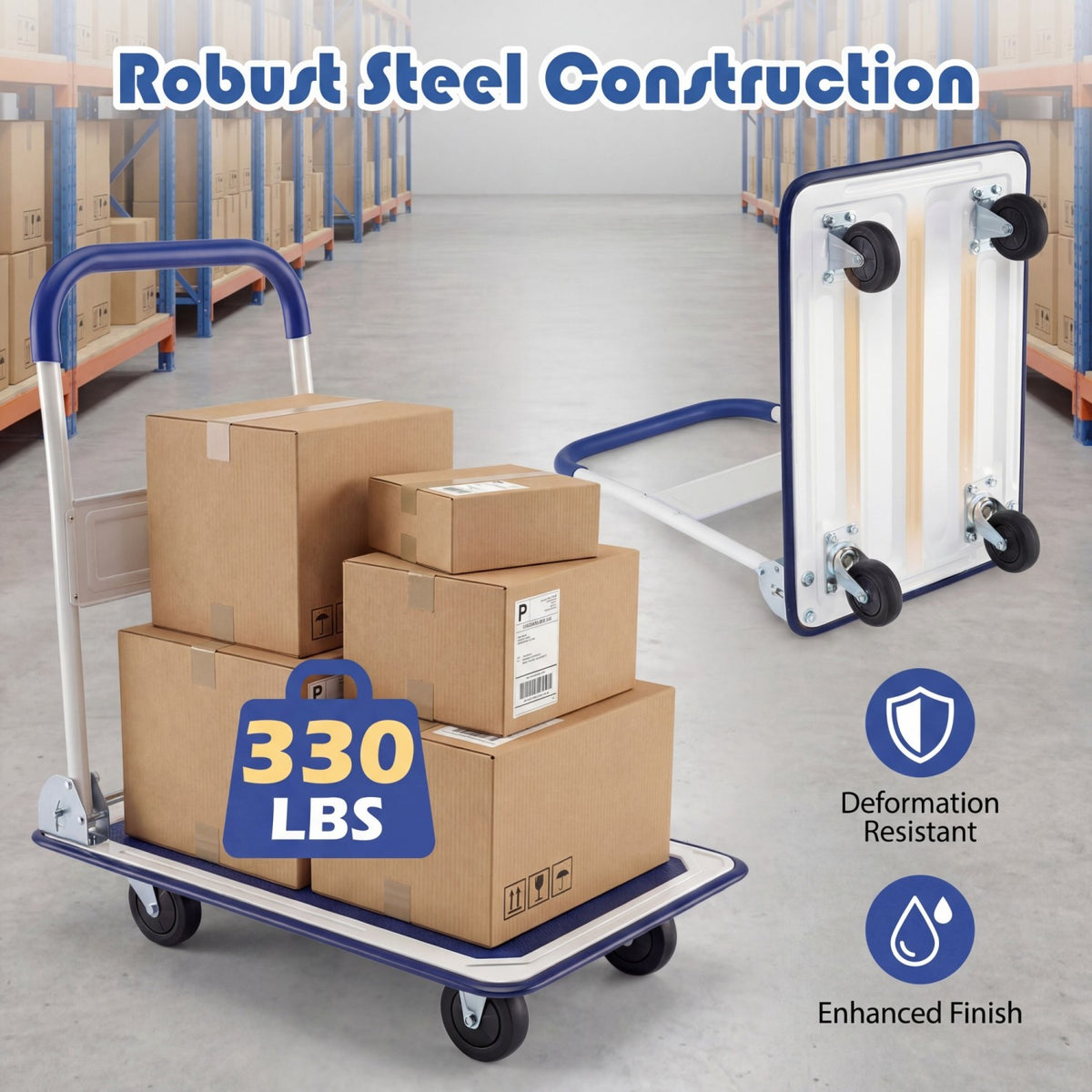 Folding Platform Hand Truck with Collapsible Bed & 4 Wheels for Moving Warehouse-Blue