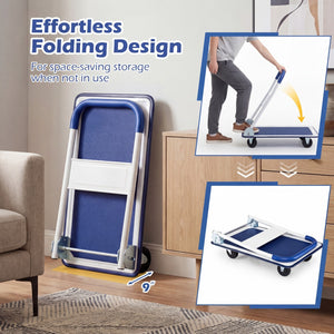 Folding Platform Hand Truck with Collapsible Bed & 4 Wheels for Moving Warehouse-Blue