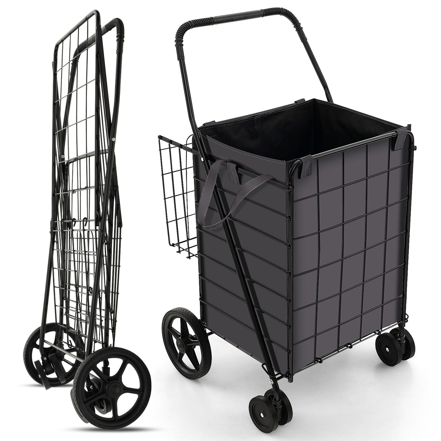 Folding Rolling Shopping Cart with Waterproof Liner and Basket-Black