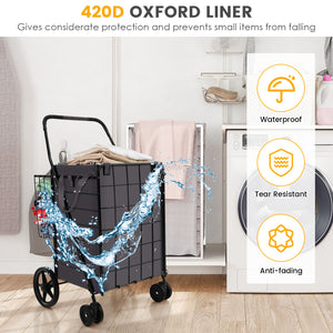 Folding Rolling Shopping Cart with Waterproof Liner and Basket-Black
