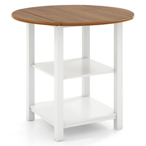Folding Round Dining Table Drop Leaf Table with 2 Shelves for Small Spaces-White
