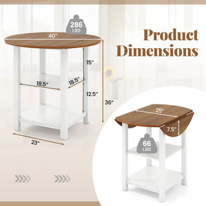 Folding Round Dining Table Drop Leaf Table with 2 Shelves for Small Spaces-White