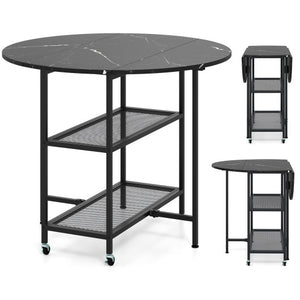 Folding Round Dining Table with Lockable Wheels-Black
