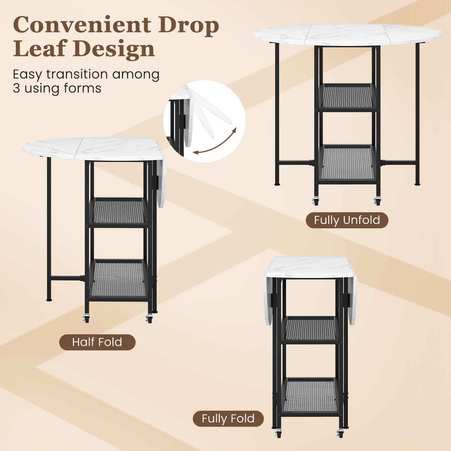 Folding Round Dining Table with Lockable Wheels-White