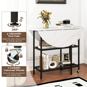Folding Round Dining Table with Lockable Wheels-White