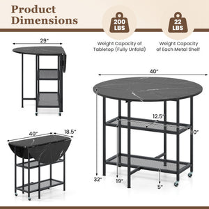 Folding Round Dining Table with Lockable Wheels-Black