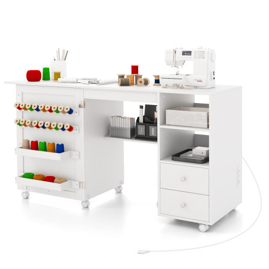 Folding Sewing Table with Charging Station and Storage Shelves-White