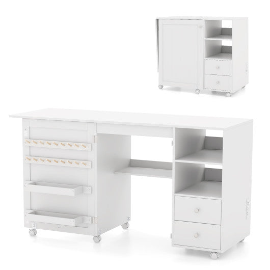 Folding Sewing Table with Charging Station and Storage Shelves-White