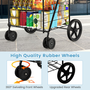 Folding Shopping Cart for Laundry with Swiveling Wheels and Dual Storage Baskets-Black