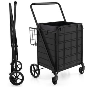 Folding Shopping Cart with Waterproof Liner Wheels and Basket-Black