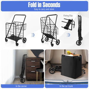 Folding Shopping Cart with Waterproof Liner Wheels and Basket-Black