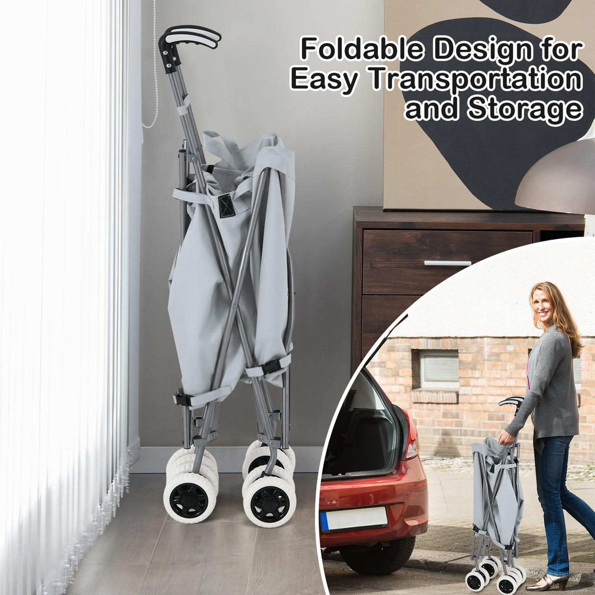 Folding Shopping Utility Cart with Water-Resistant Removable Canvas Bag-Grey