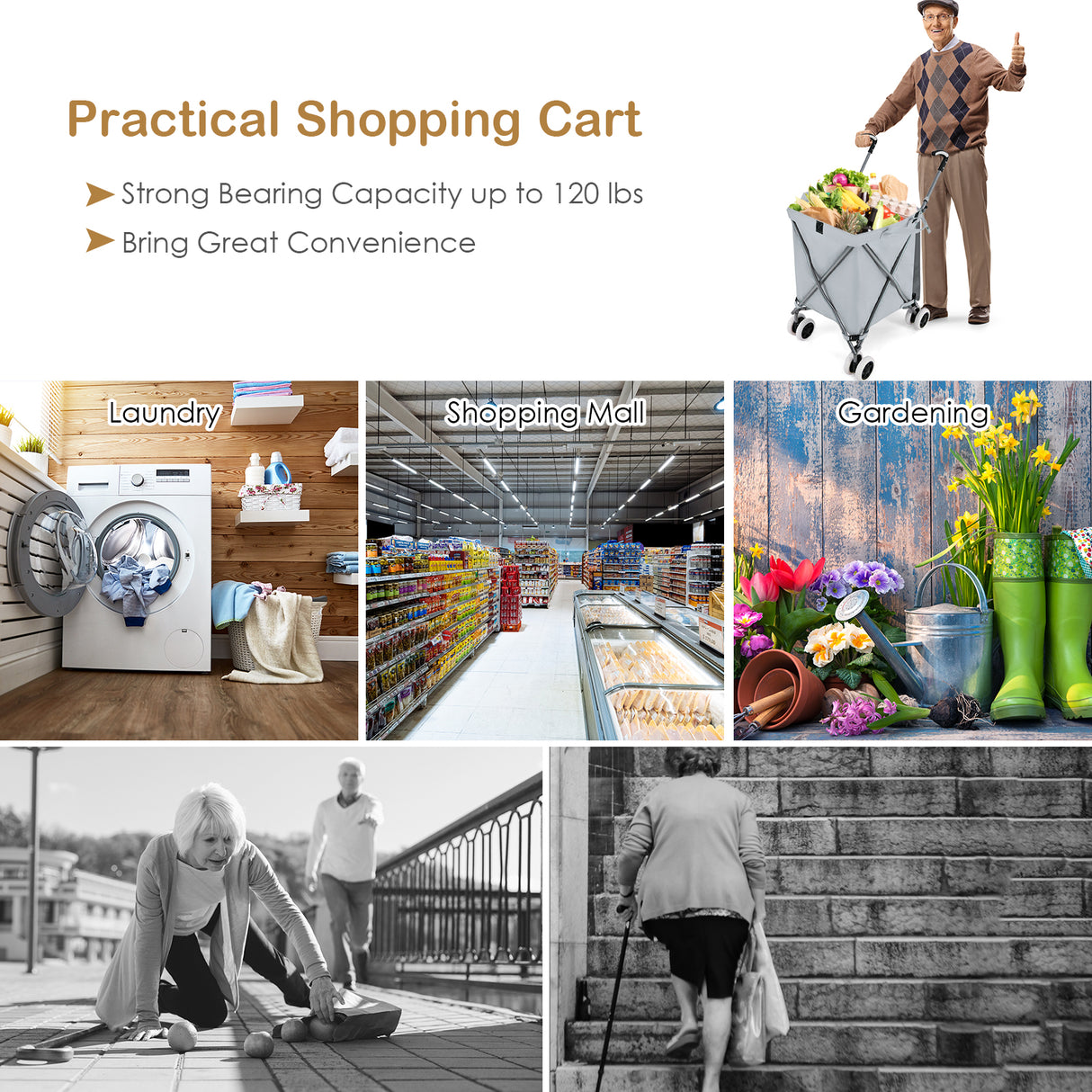 Folding Shopping Utility Cart with Water-Resistant Removable Canvas Bag-Grey