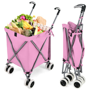 Folding Shopping Utility Cart with Water-Resistant Removable Canvas Bag-Pink