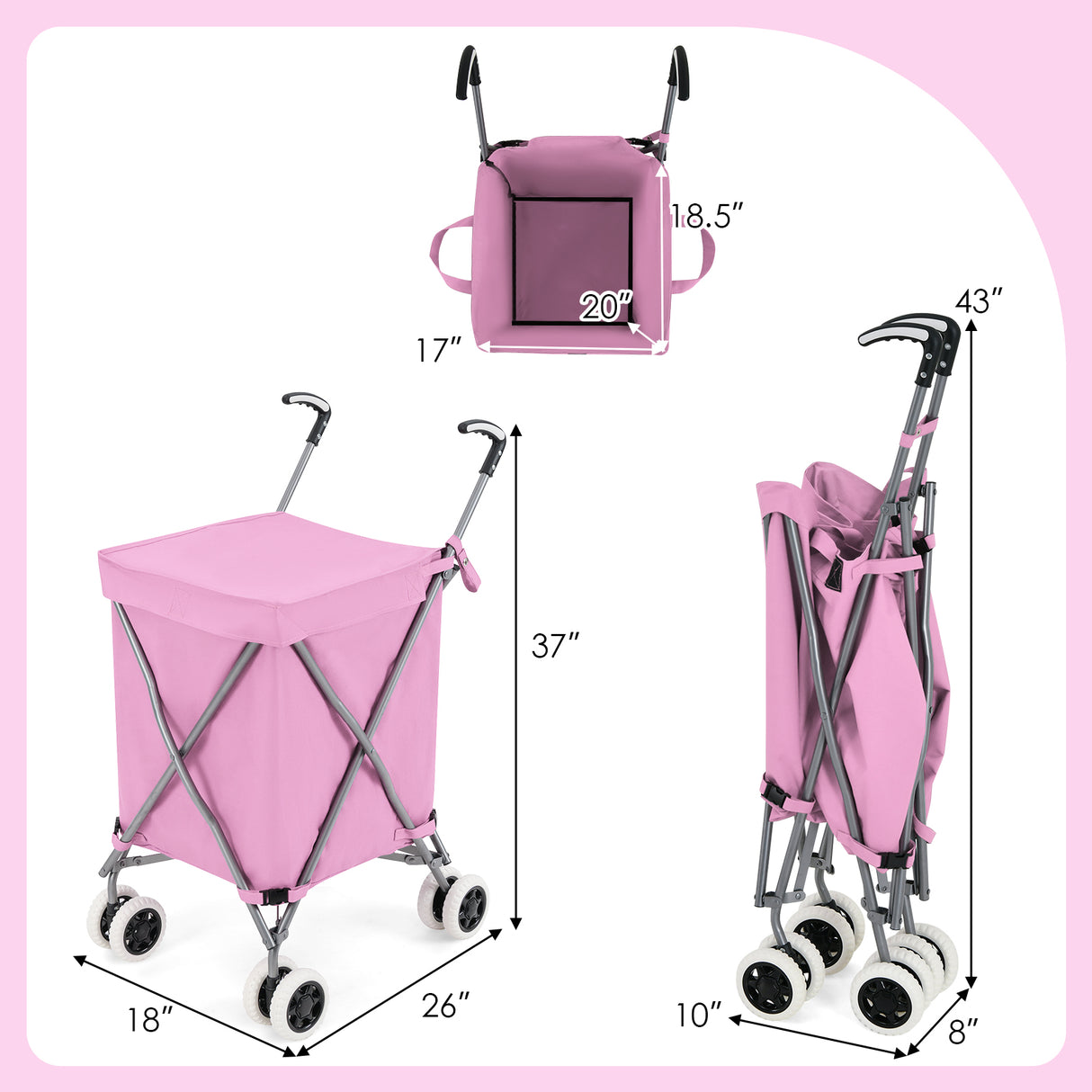 Folding Shopping Utility Cart with Water-Resistant Removable Canvas Bag-Pink