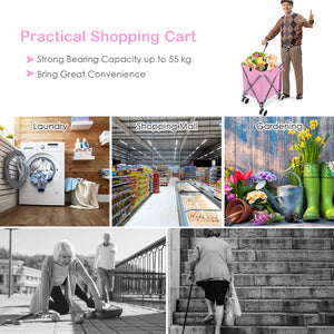 Folding Shopping Utility Cart with Water-Resistant Removable Canvas Bag-Pink