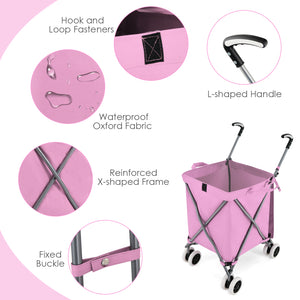 Folding Shopping Utility Cart with Water-Resistant Removable Canvas Bag-Pink