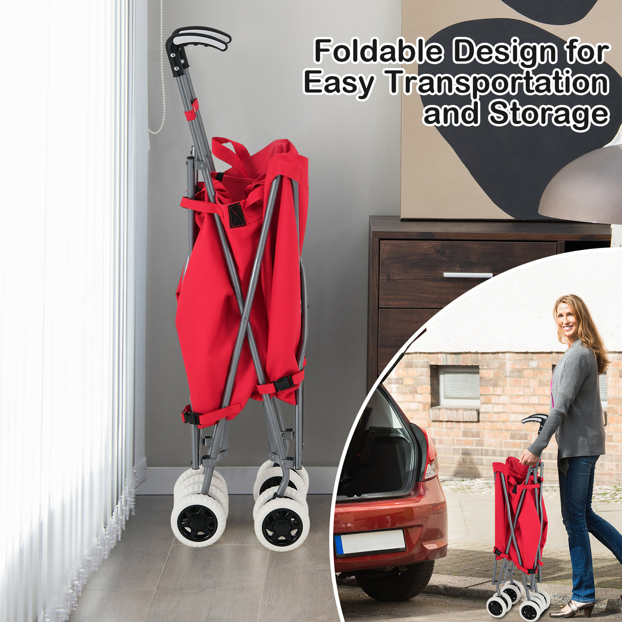 Folding Shopping Utility Cart with Water-Resistant Removable Canvas Bag-Red