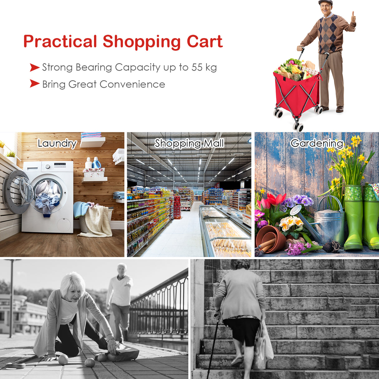 Folding Shopping Utility Cart with Water-Resistant Removable Canvas Bag-Red