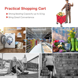 Folding Shopping Utility Cart with Water-Resistant Removable Canvas Bag-Red