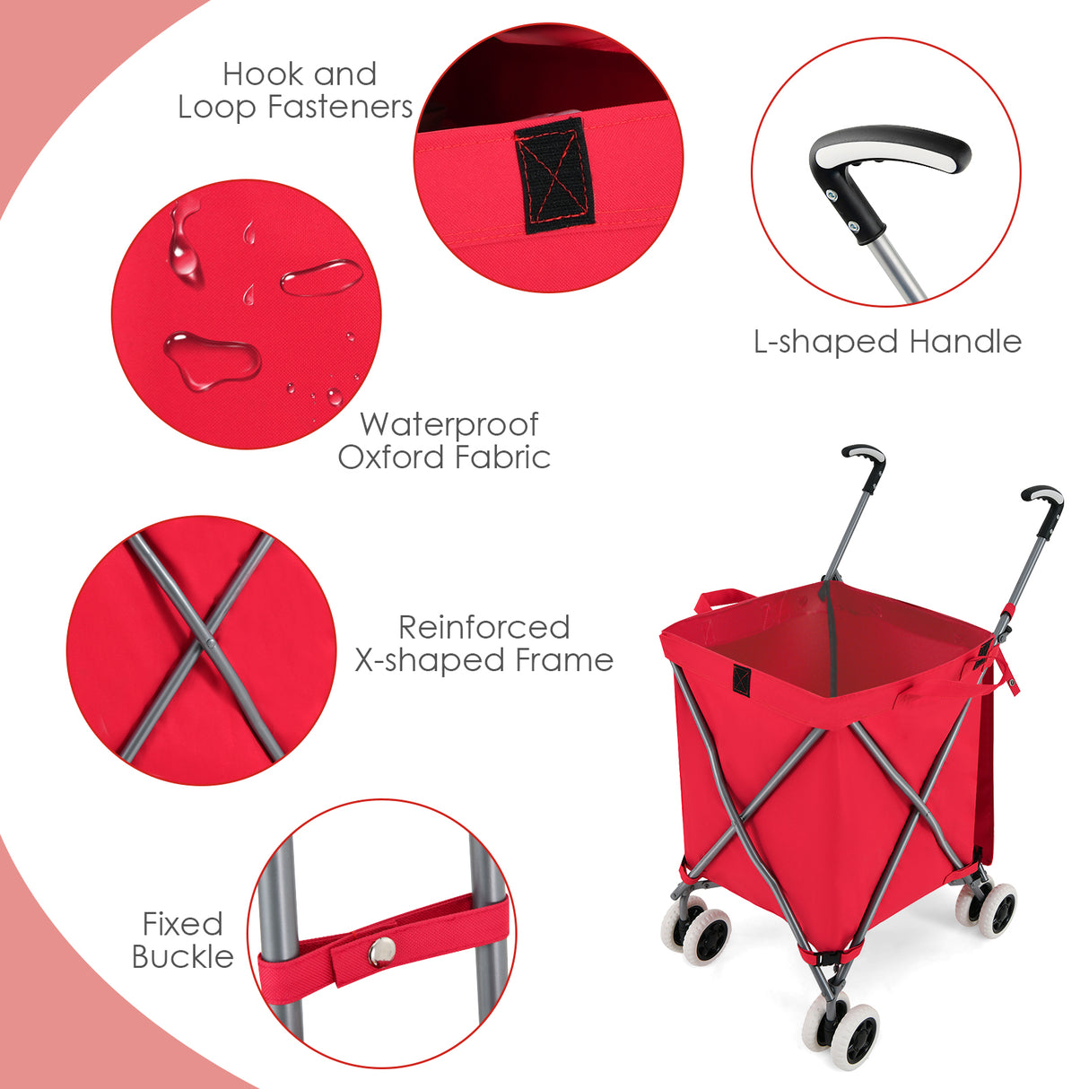Folding Shopping Utility Cart with Water-Resistant Removable Canvas Bag-Red